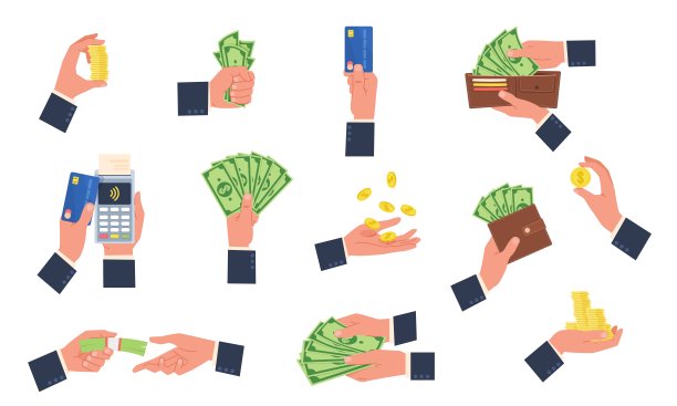 商人手里拿着钱。人的手臂与现金和银行卡互动。钱包，成堆成堆的美元。支付或数钞者。男人扔硬币，向量集合图片下载