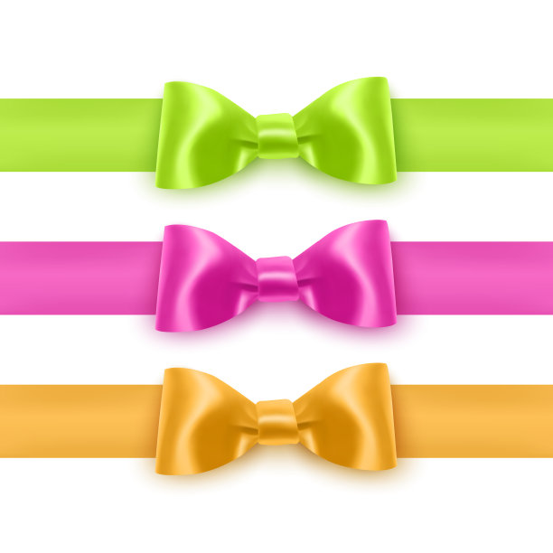 一套现实的蝴蝶结的粉红色，黄色和绿色的颜色装饰明信片，假日盒子等，蝴蝶结装饰在白色的背景，矢量插图图片下载