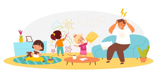 淘气的孩子和爸爸在一起。过度活跃的孩子把客厅弄得一团糟，坐在沙发上的不满的父亲，客厅内部的混乱，家庭关系和沟通。向量的概念图片下载