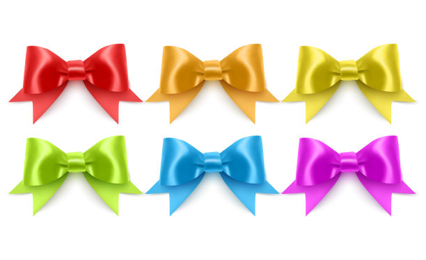 一套现实的弓紫色，蓝色，黄色和绿色的颜色装饰明信片，假日盒子等，弓装饰在一个白色的背景，矢量插图图片下载