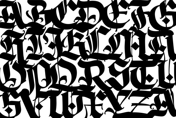 中世纪的哥特式的模式。欧洲现代哥特式。白底黑字。所有的信都是用笔手写的。大写字母。包装和服装上的装饰品。图片下载