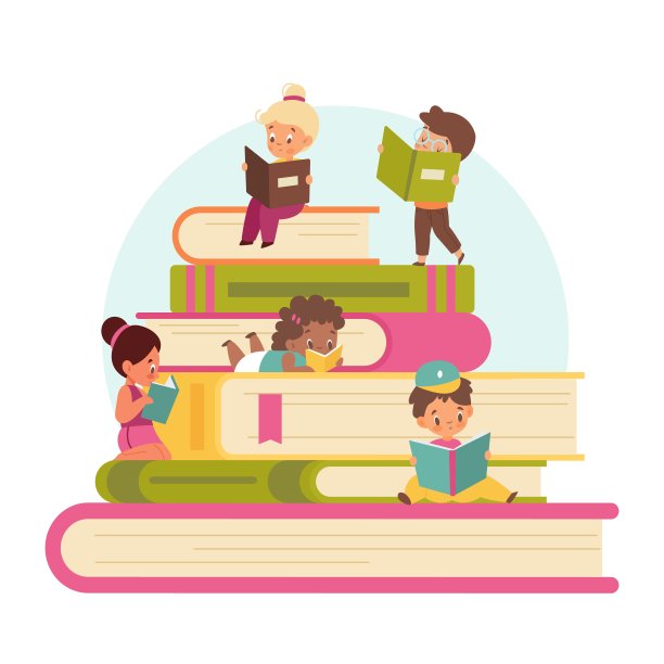 孩子们读书。小可爱的孩子们带着一大叠书，训练和教育，小学生们一起在图书馆读书，获取知识，娱乐文学。向量的概念图片下载