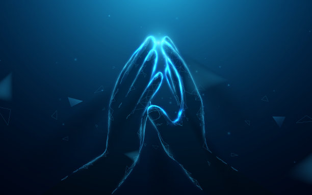 特写手连在一起连接。多边形线，三角形和粒子样式设计。抽象几何线框光连接结构图片下载