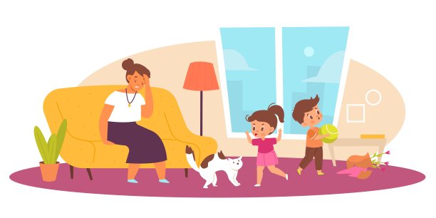 客厅里有顽皮的孩子。疲惫的母亲，过度活跃的孩子，紧张的父母和小捣碎者，混乱和混乱的室内，家庭沟通。母亲和儿童病媒概念图片下载