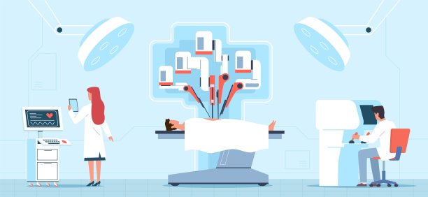 机器人手术。医疗操作过程中，手术台配有病人，医生使用遥控器，机械手。未来医疗保健矢量卡通水平概念图片下载