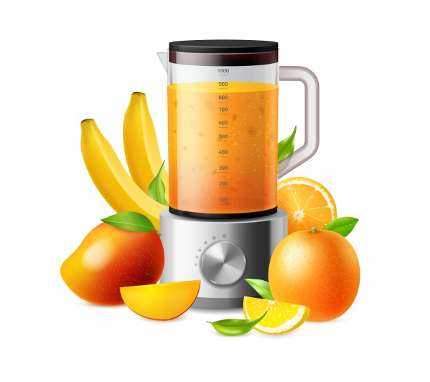 多汁的水果。家用搅拌机和成熟的芒果或橘子。混合香蕉和柑橘新鲜饮料的厨房设备。健康的素食饮料。矢量混合奶昔概念图片下载