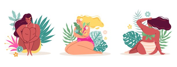 身体积极的女士们。女人在花丛中坐着美丽的热带树叶和植物，快乐的女孩穿着比基尼，春夏秋冬。年轻性感的女孩，矢量卡通平孤立集图片下载