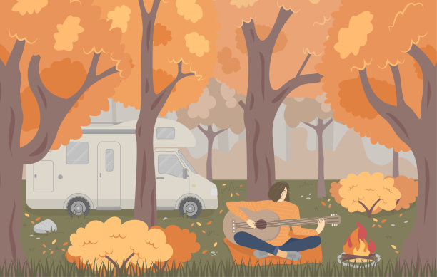 大篷车或露营者在秋天的森林里，一个女孩在弹吉他。概念矢量插图在一个平面风格。图片下载