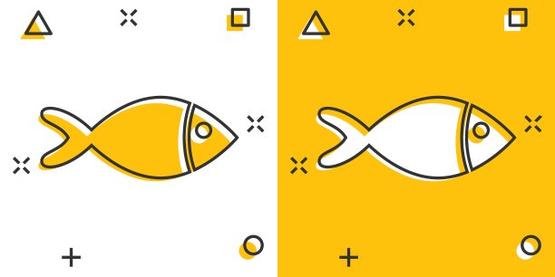 鱼的标志图标在漫画风格。金鱼矢量卡通插图的白色孤立的背景。海鲜经营理念的飞溅效应。图片下载