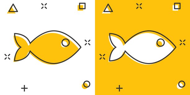 鱼的标志图标在漫画风格。金鱼矢量卡通插图的白色孤立的背景。海鲜经营理念的飞溅效应。图片下载