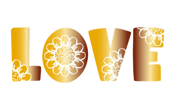 文字“爱”是带着花朵的鲜艳的橙色。励志情书贴纸，卡片，祝贺，婚礼。矢量插图孤立的白色背景。信件上的向日葵花图片下载