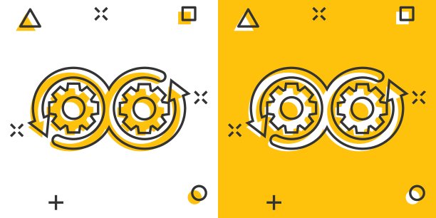 漫画风格的发展图标。Devops矢量卡通插图的白色孤立的背景。齿轮带箭经营理念，效果水花四溅。图片下载