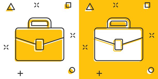 漫画风格的公文包标志图标。手提箱矢量卡通插图的白色孤立的背景。行李经营理念的飞溅效应。图片下载
