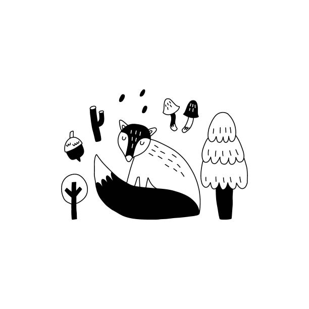 涂鸦狐狸。手绘斯堪的纳维亚风格黑白印花，可爱的斯堪的纳维亚森林动物，儿童t恤和托儿所设计。林地矢量孤立插图图片下载