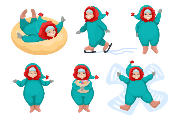 一组小男孩在冬天在户外玩耍。矢量图图片下载