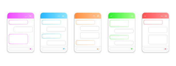 一组聊天机器人窗口模型。生活聊天形式与消息气泡。虚拟助手机器人，在线客户支持对话布局。移动通讯应用设计图片下载