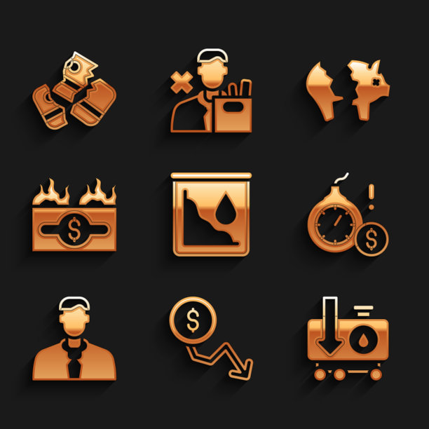 原油价格下跌，美元汇率下跌，货币炸弹美元危机，工人，燃烧的账单，破碎的小猪存钱罐和信用卡图标。向量图片下载