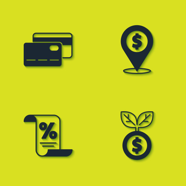 设置信用卡，元厂，财务文件和现金位置图标。向量图片下载