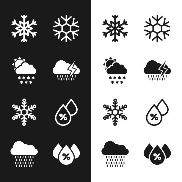 设置云与雨和闪电，雪太阳，雪花，和水滴百分比图标。向量图片下载