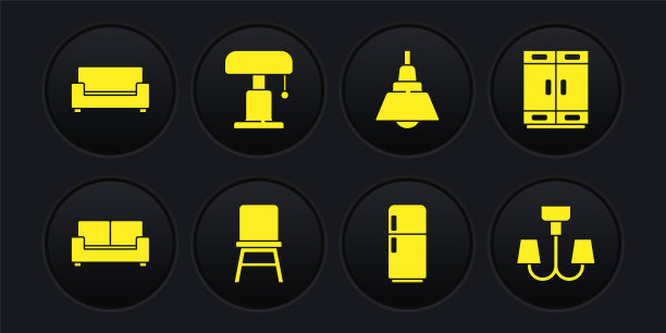 设置沙发，衣柜，椅子，冰箱，吊灯，台灯，和图标。向量图片下载