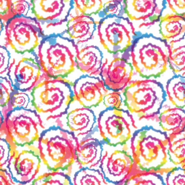嬉皮士扎染彩虹漩涡无缝图案抽象背景风格。色彩丰富的芝堀迷幻纹理与螺旋形状图片下载