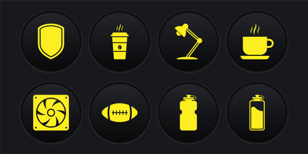 设置电脑冷却器，咖啡杯，美式足球，运动水瓶与水，台灯和图标。向量图片下载