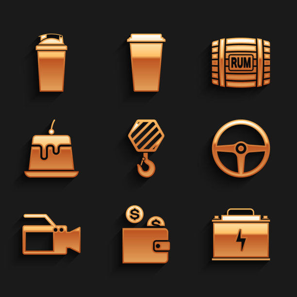 设置工业挂钩，钱包与硬币，汽车电池，方向盘，电影摄像机和布丁蛋奶图标。向量图片下载