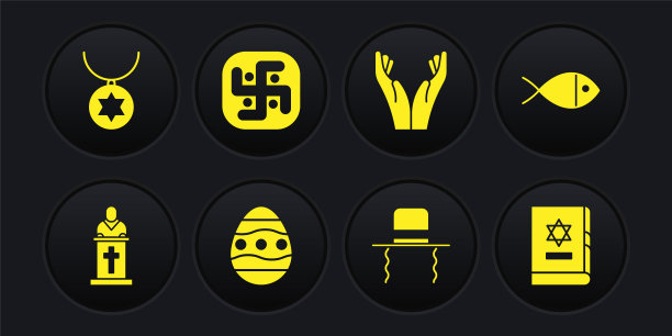 设置教会牧师布道，基督教鱼，复活节彩蛋，东正教犹太帽子与靠边，手祈祷的姿势，耆那教，犹太律法书和大卫之星项链的图标。向量图片下载