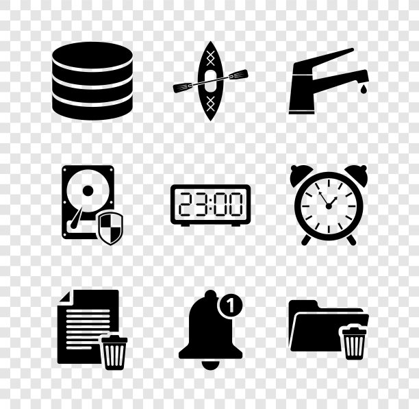 设置数据库，独木舟和桨，水龙头，删除文件文件，铃声和文件夹图标。向量图片下载