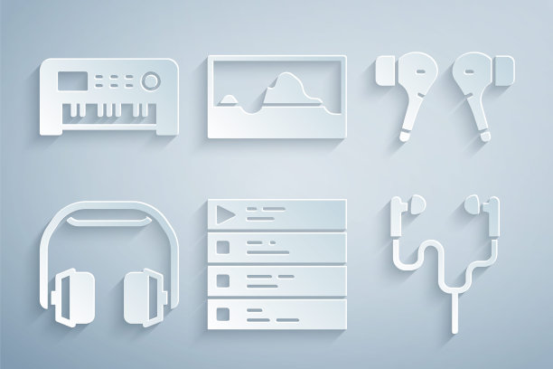 设置音乐播放列表，空气耳机，耳机，电波均衡器和合成器图标。向量图片下载