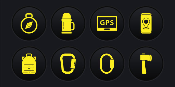 设置徒步背包，城市地图导航，Carabiner, Gps设备，保温瓶容器，木斧和指南针图标。向量图片下载