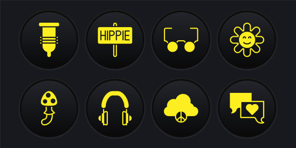 设置裸盖菇，花，耳机，和平云，眼镜，演讲气泡聊天和避孕套图标。向量图片下载