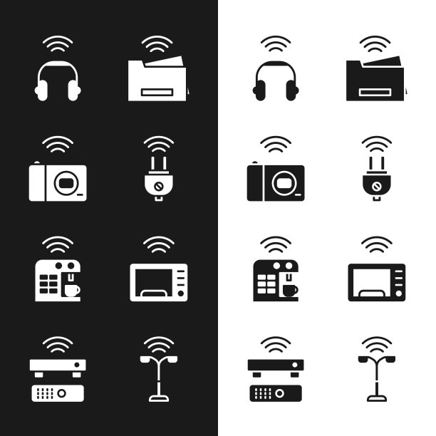 设置智能插座、相机、耳机、打印机、咖啡机、微波炉、路灯和无线电视接收器图标。向量图片下载