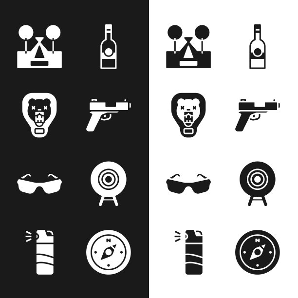 设置手枪或枪，熊头盾牌，游客帐篷，伏特加瓶，眼镜，目标运动，指南针和胡椒喷雾图标。向量图片下载