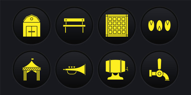 设置野营帐篷，开心果，乐器喇叭，木桶架上，格子餐巾，长凳，啤酒龙头和农场图标。向量图片下载