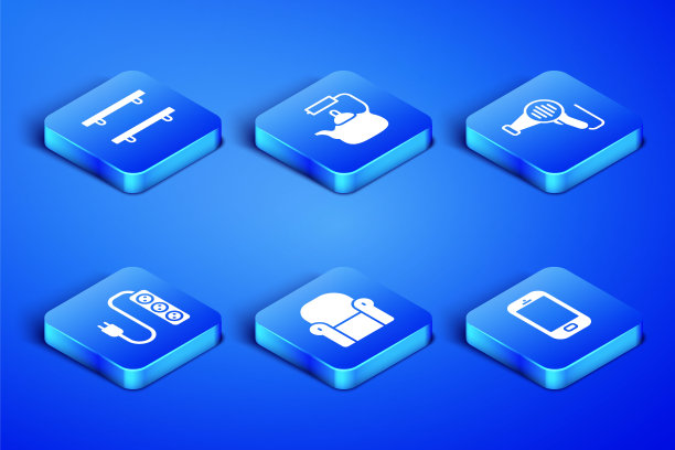 设置手机，空木架，扶手椅，电分机，带把手的水壶和电吹风图标。向量图片下载