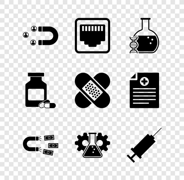 集客户吸引，网口电缆插座，DNA研究，搜索，金钱磁铁，生物工程和注射器图标。向量图片下载