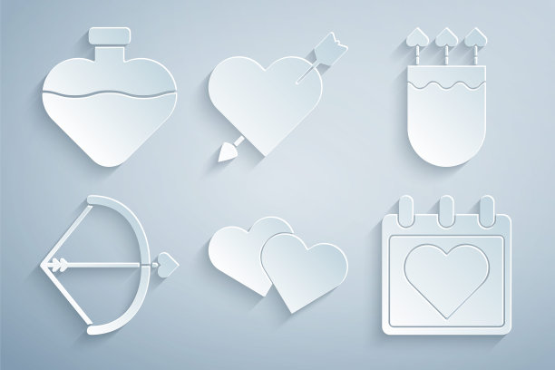 Set Heart, Quiver and arrows with Heart, Bow, Calendar, Amour and Bottle love potion icon。向量图片下载