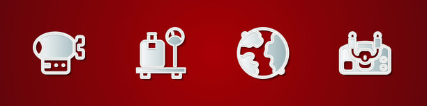 设置飞艇，规模与手提箱，全球和飞机舵轮图标。向量图片下载