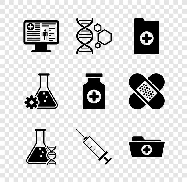 设置临床记录在监视器，基因工程，DNA研究，搜索，注射器和健康文件夹图标。向量图片下载