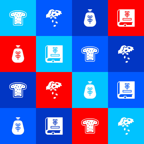 设置面包吐司，种子，面粉袋和关于种子的书图标。向量图片下载