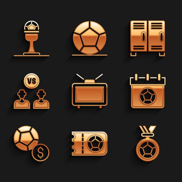 设置足球比赛的电视，或足球门票，奖牌，日历，足球，球员，更衣室更衣室和奖杯和图标。向量图片下载