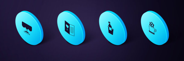 设置等角咖啡杯，香槟在一个冰桶，餐厅咖啡馆菜单和木桌图标。向量图片下载