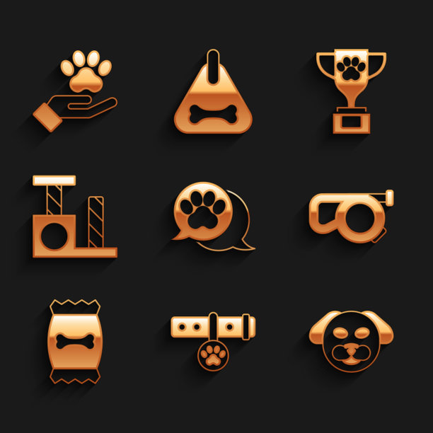设置爪印，项圈与姓名标签，狗，可伸缩绳皮带，袋宠物食物，猫抓贴，宠物奖和手动物足迹图标。向量图片下载