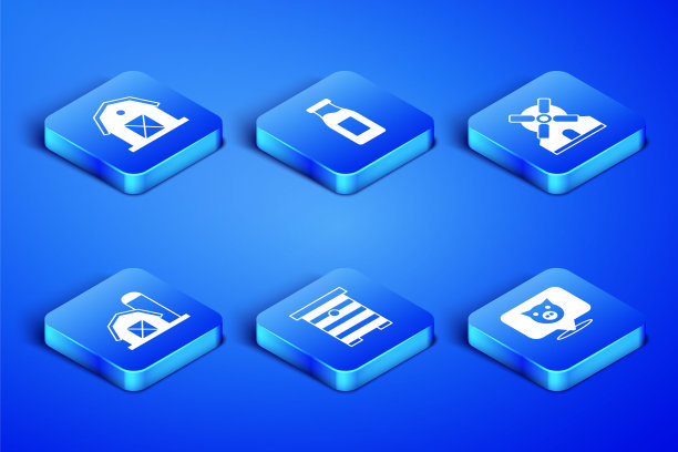 Set Pig, Farm house, Hive for bees, Bottle with milk and Windmill icon。向量图片下载