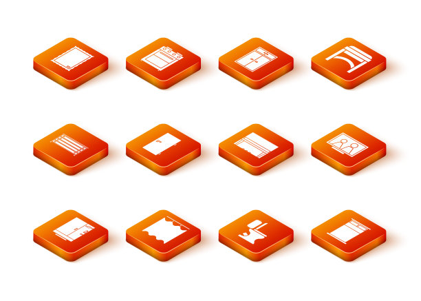 设置淋浴房，窗帘，抽屉柜，关闭的门，抽水马桶，大钢琴，大床和相框上的桌子图标。向量图片下载