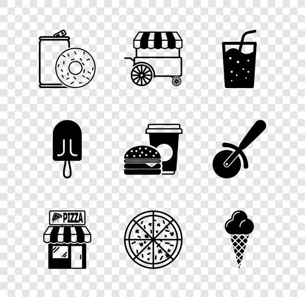 设置铝罐苏打水和甜甜圈，快餐街头餐车，玻璃水，比萨建筑立面，比萨，冰淇淋华夫饼，和咖啡汉堡图标。向量图片下载