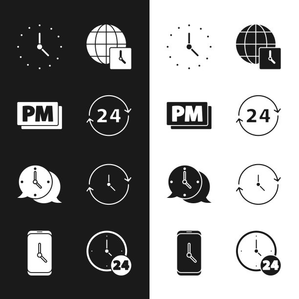 设置时钟24小时，下午，世界时间，语音气泡，和闹钟应用程序的移动图标。向量图片下载