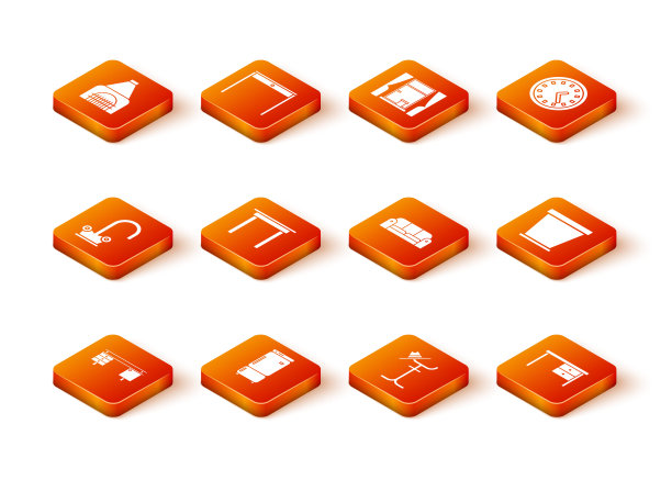 设置办公桌，冰箱，水龙头，木桌，衣帽架，沙发，花盆图标。向量图片下载