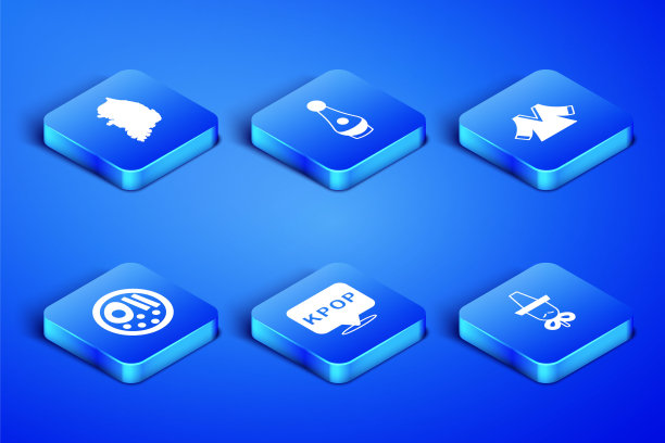 设置韩国帽子，韩国地图，韩国流行音乐，拉面，烧酒瓶和和服图标。向量图片下载